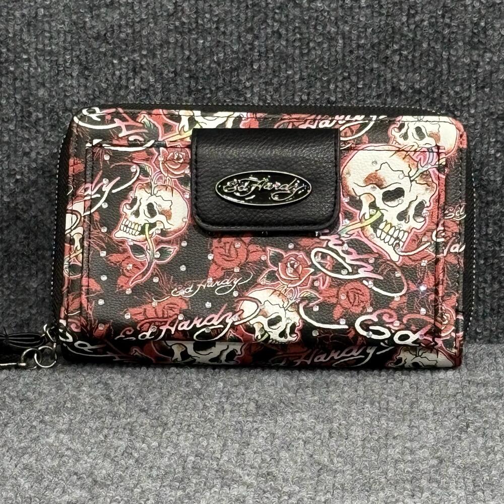 Ed Hardy Wallet Wristlet Womens One Size Black Skull Rose Tattoo Zip Around